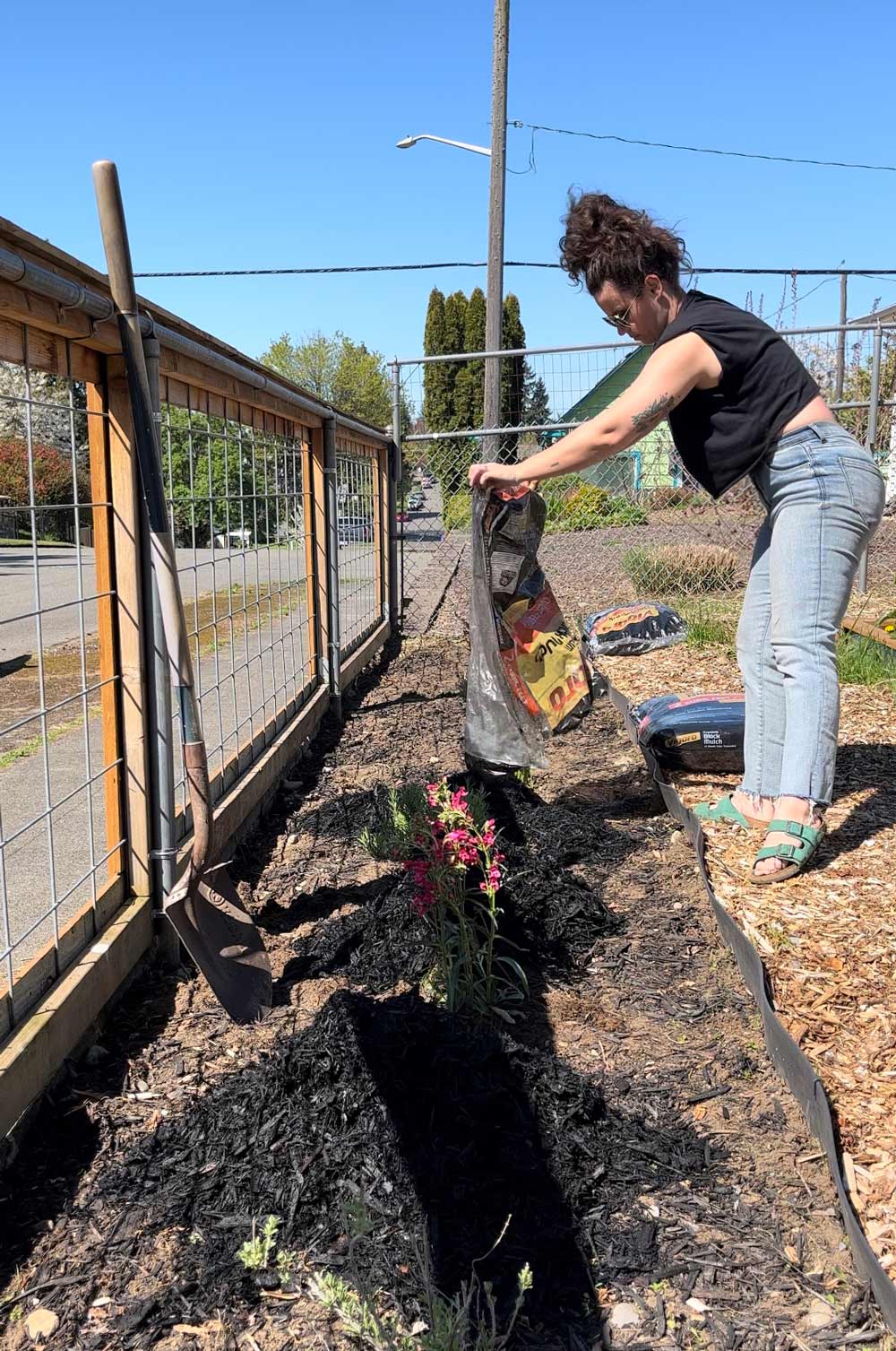 Woman pouring soil over an in-progress garden.
