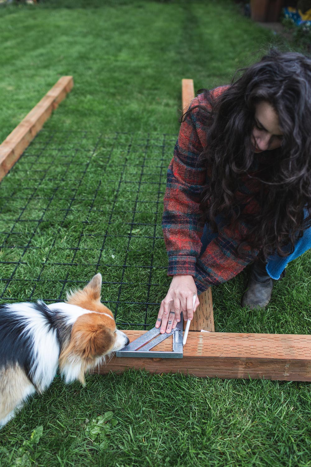  Woman measuring and marking medium stain wood columns while dog sniffs speed square.