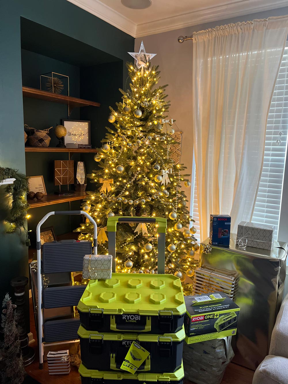 Lit Christmas tree with Ryobi storage unit, ladder, and additional products.