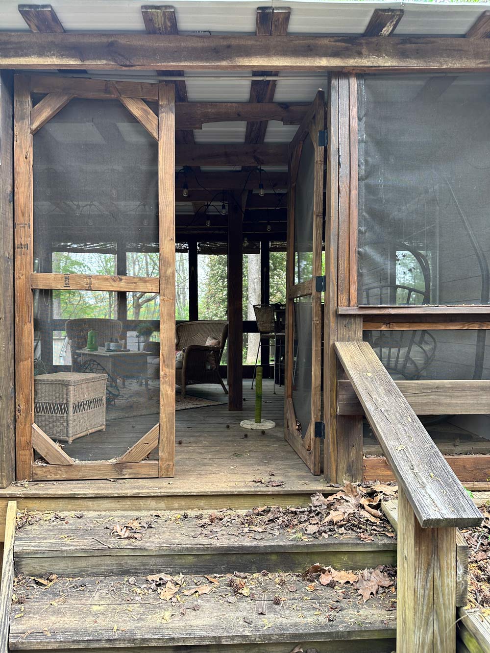 Outside view of a wooden patio area. Outside view of a wooden patio area.