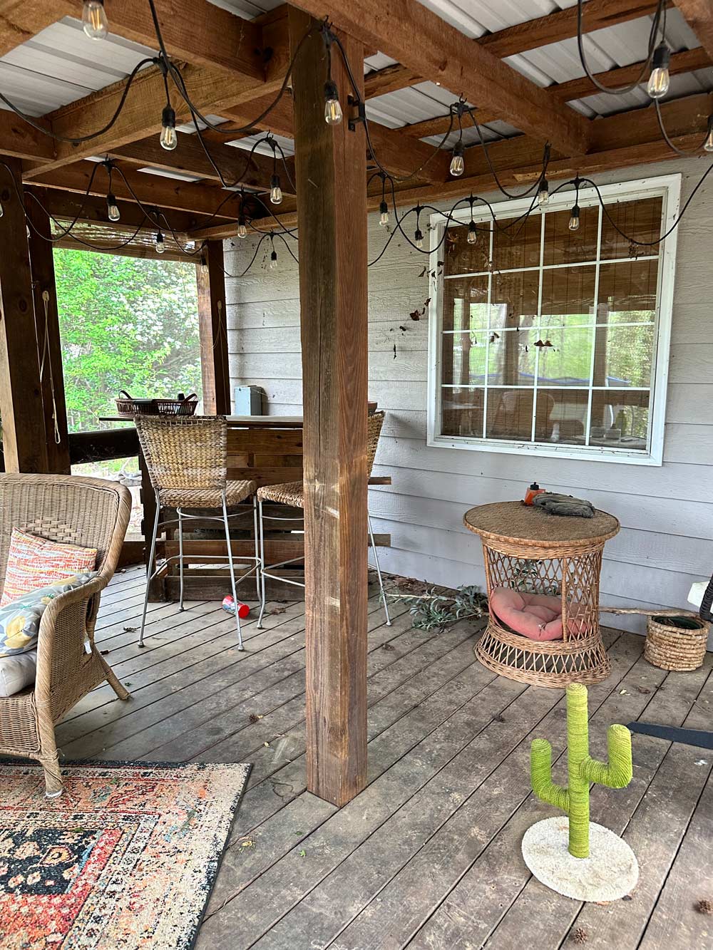 Patio with table sets, a small cactus to the right, and string lights above. Patio with table sets, a small cactus to the right, and string lights above.