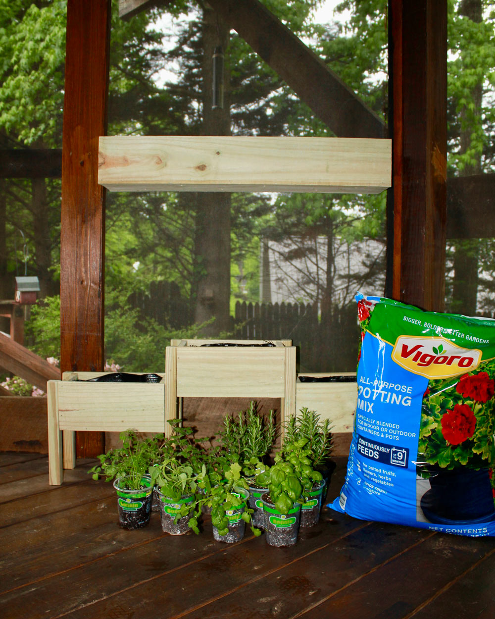 A bag of Vigoro potting mix on the ground next to unpotted plants. A bag of Vigoro potting mix on the ground next to unpotted plants.