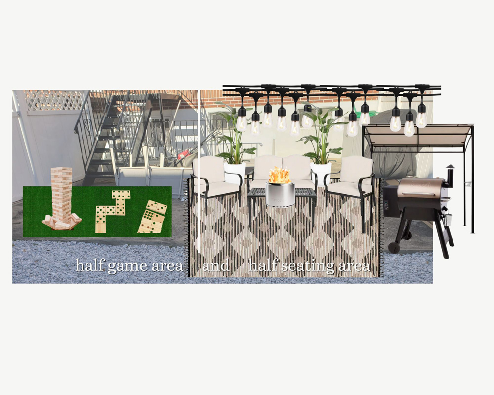 A mood board of a rooftop space with a gaming, grilling and seating area.