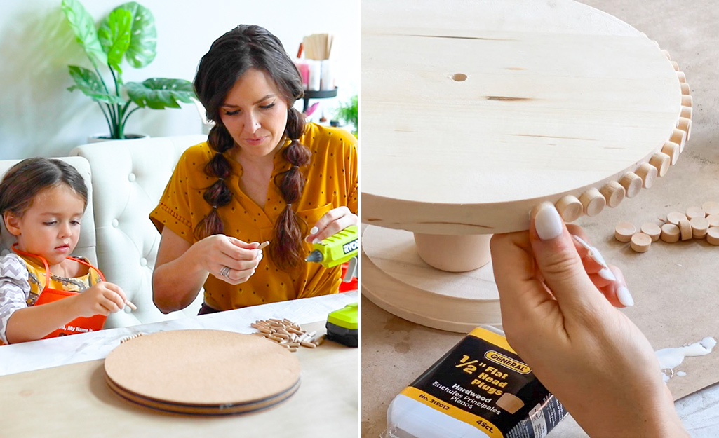 A woman and child decorating the edge of DIY pie stands. A woman and child decorating the edge of DIY pie stands.