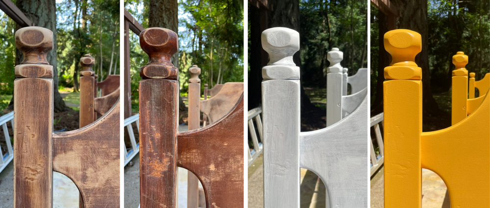 The process of repainting the old wooden headboards from start to finish. 