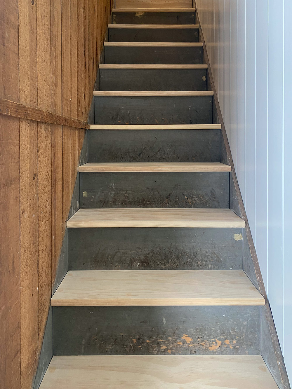 Staircase with new wooden treads.
