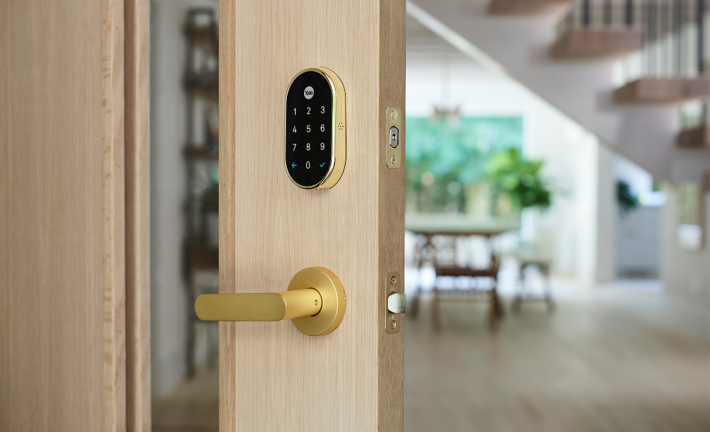 A smart lock is installed in a door.