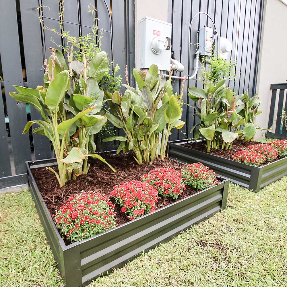 A black raised garden bed with colorful flowers and plants. 