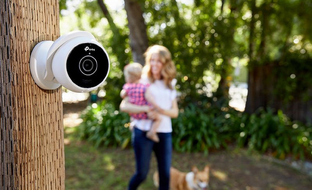 A security camera placed in an outdoor area. A security camera placed in an outdoor area.