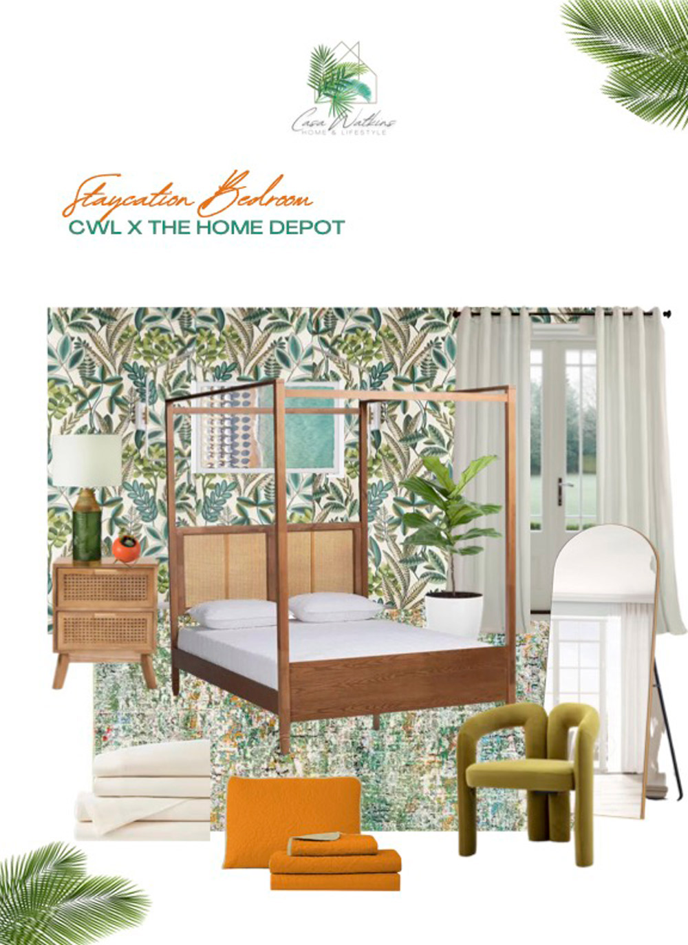 Overview of a staycation bedroom mood board. Overview of a staycation bedroom mood board.