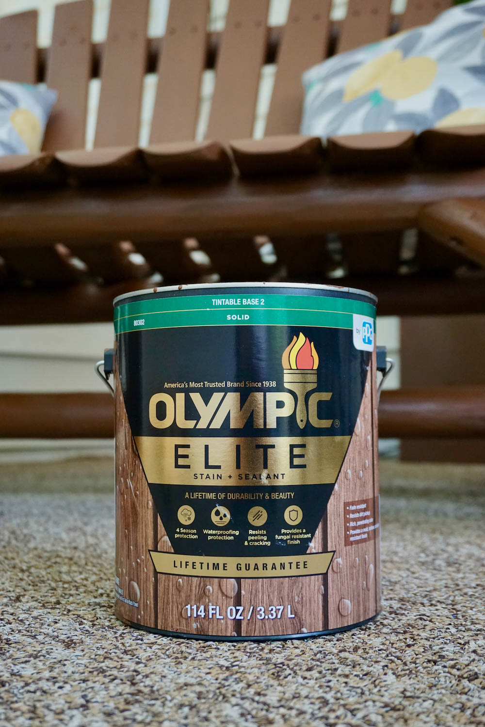 A can of Olympic Elite Stain and Sealant. A can of Olympic Elite Stain and Sealant.