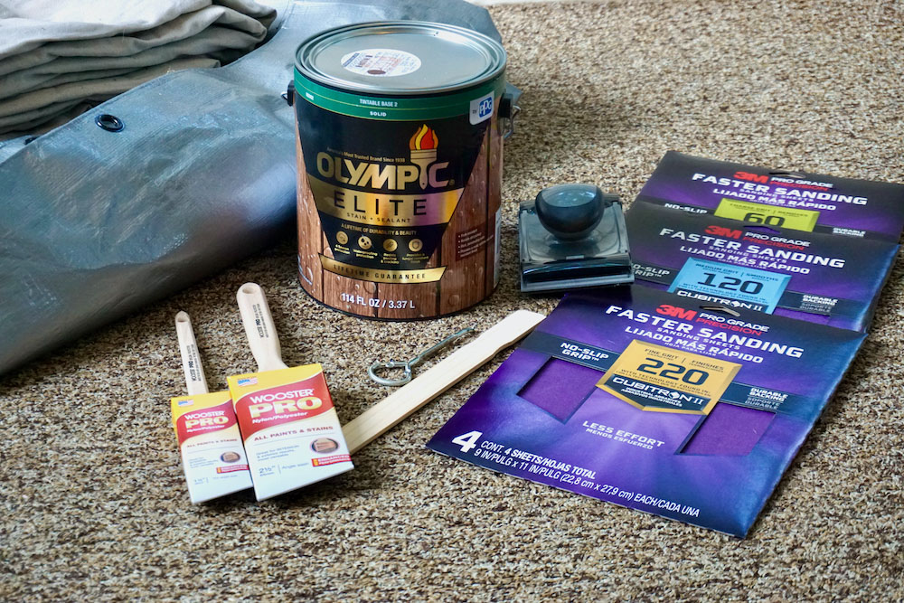 Various supplies needed to stain wood furniture such as Olympic Elite Stain and Sealant. Various supplies needed to stain wood furniture such as Olympic Elite Stain and Sealant.