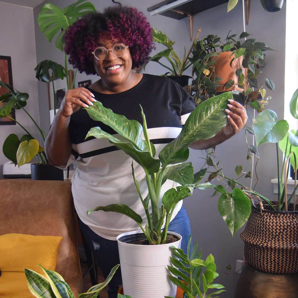 A woman standing behind multiple plants and holding leaves.