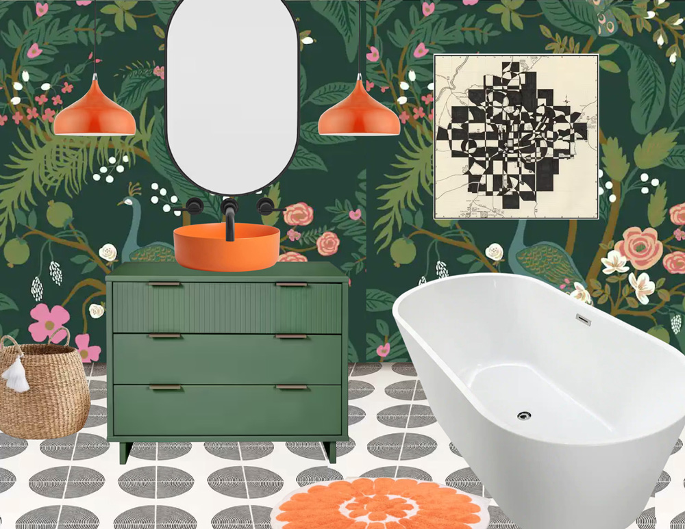 Mockup of a bathroom refresh featuring green floral wallpaper, a green dresser, an orange sink, orange pendants, black and white tiles, a tub, and accessories.