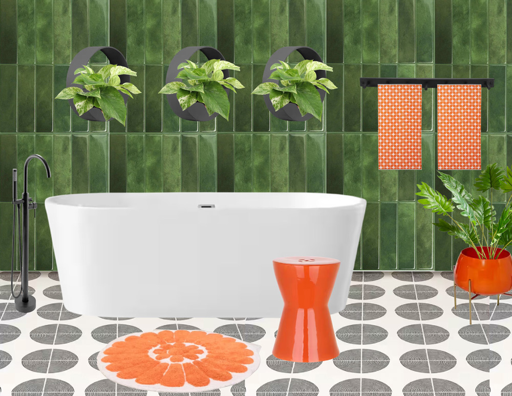 Mockup of a bathroom refresh featuring black and white floor tiles, green wall tiles, a tub, hanging plants, and orange accents.