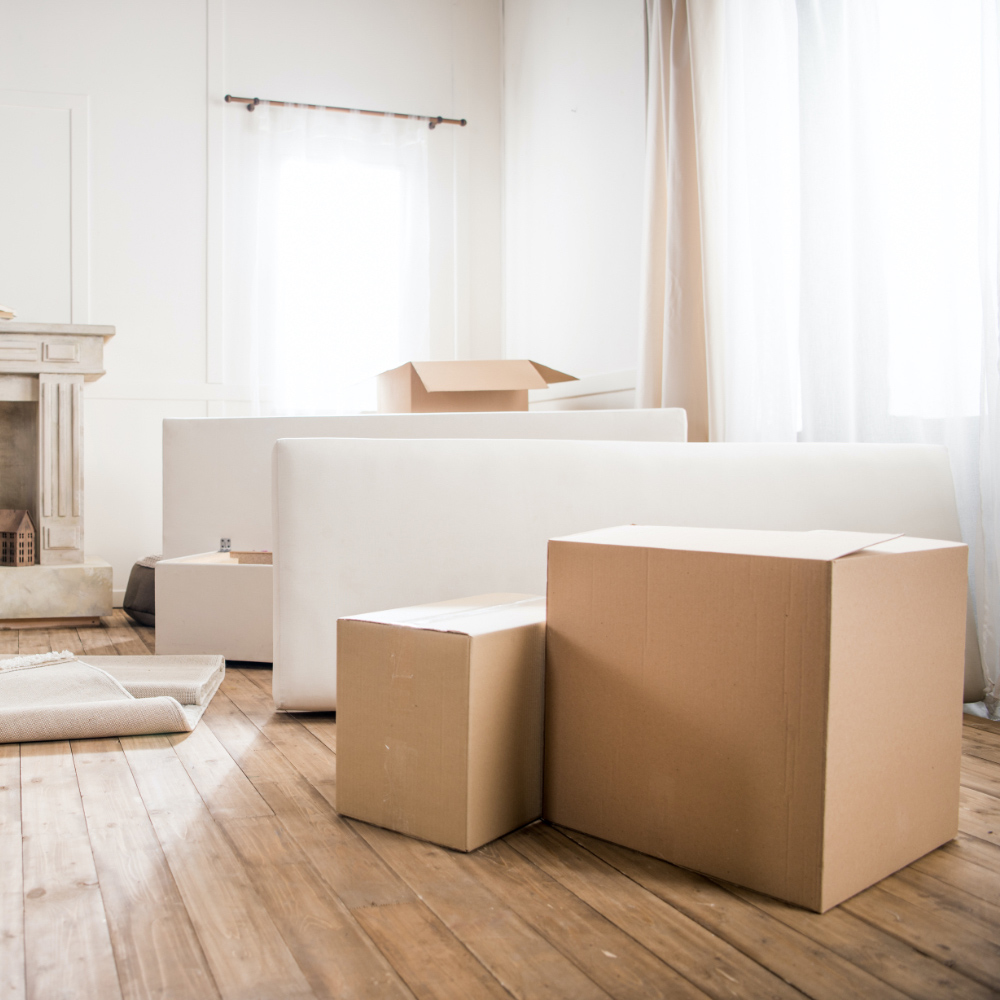 A living room packed with boxes