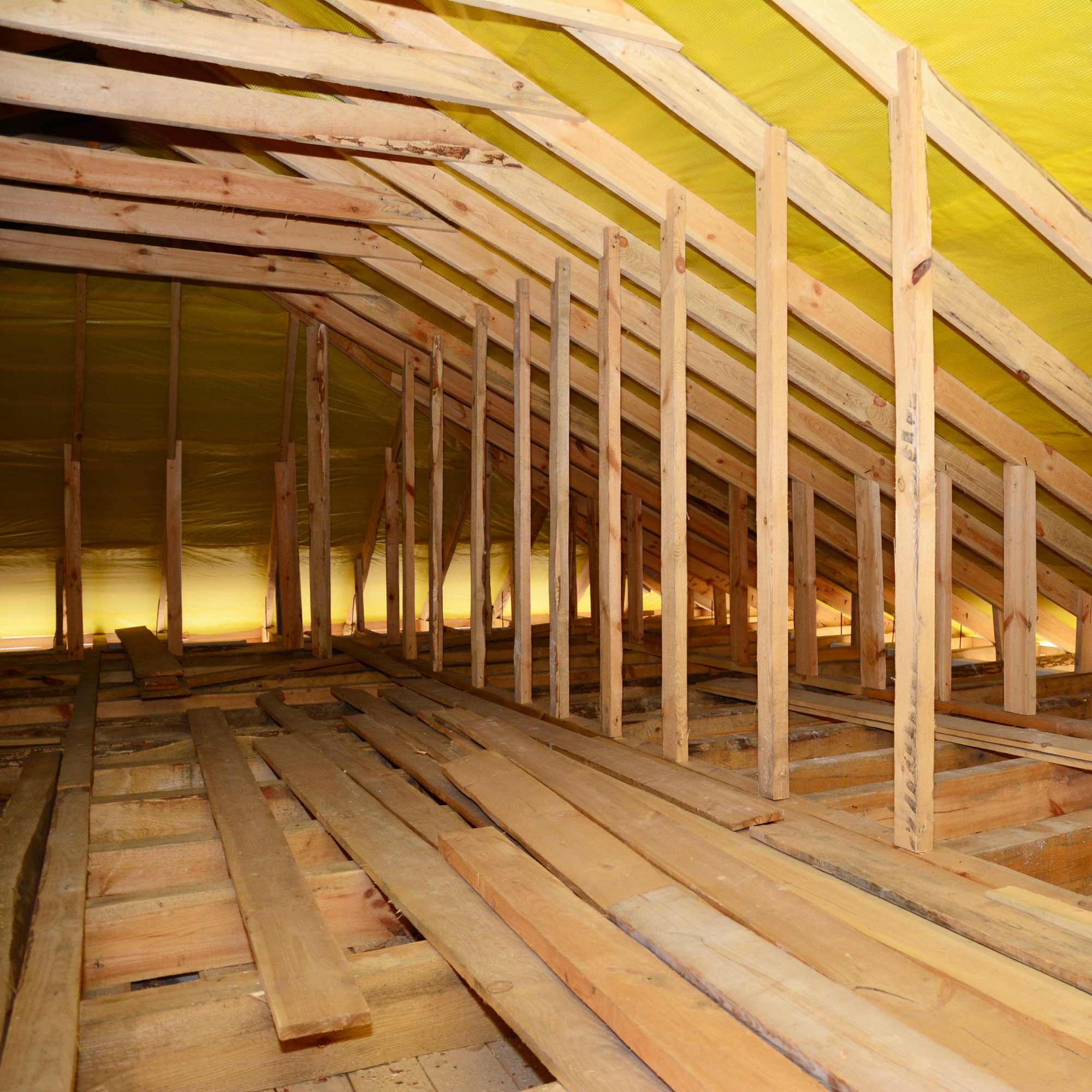 Roof rafters supporting an attic.
