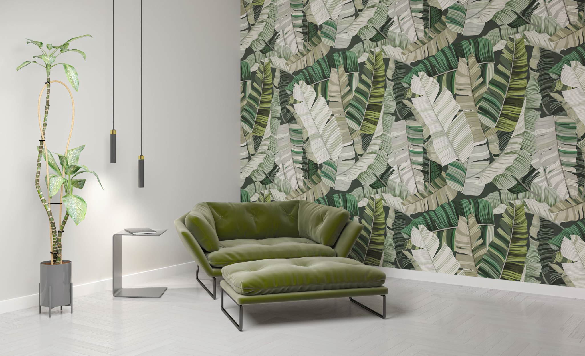 Green upholstery, live plants and forest patterns decorate a room.