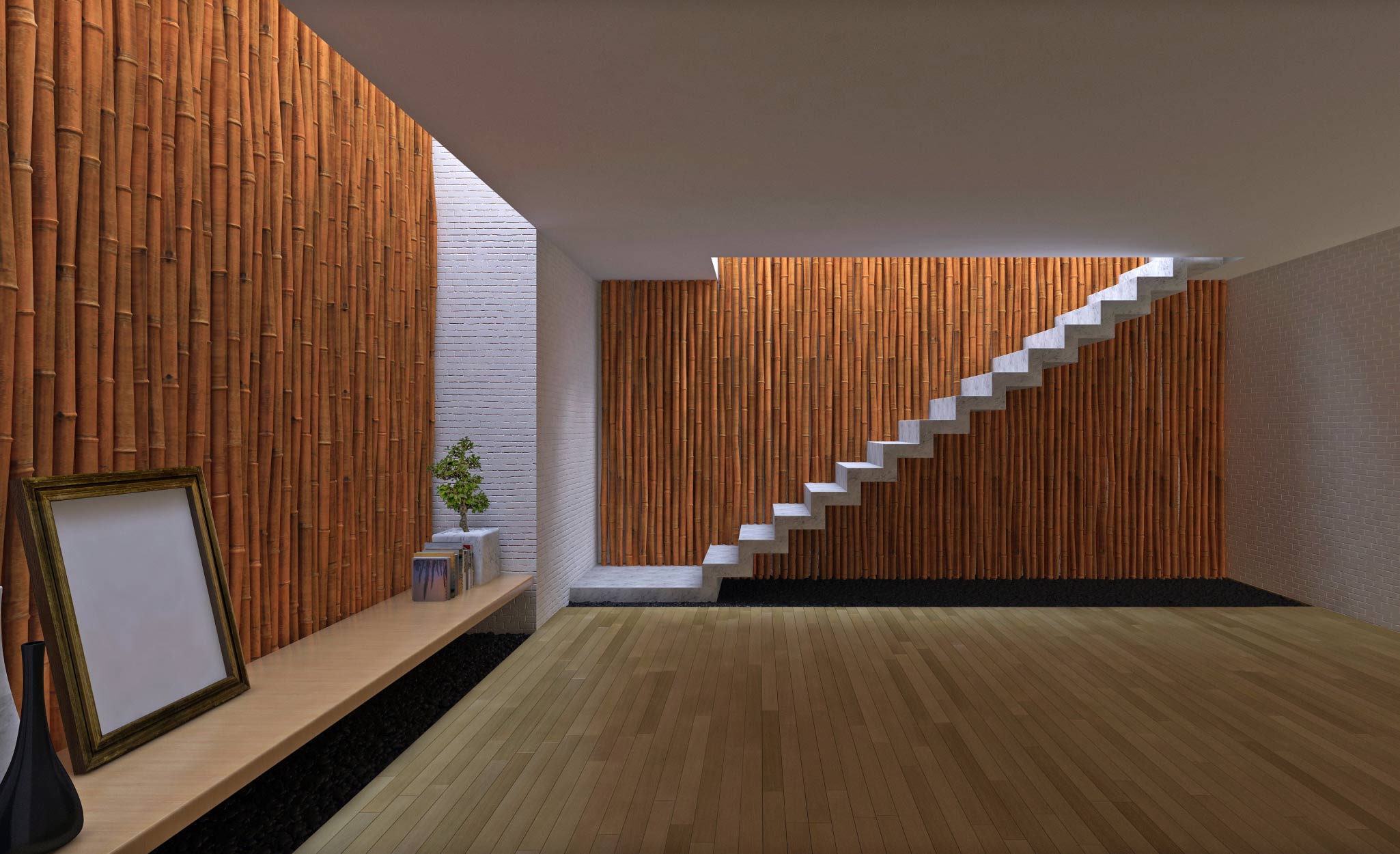 Bamboo walls decorate a room.