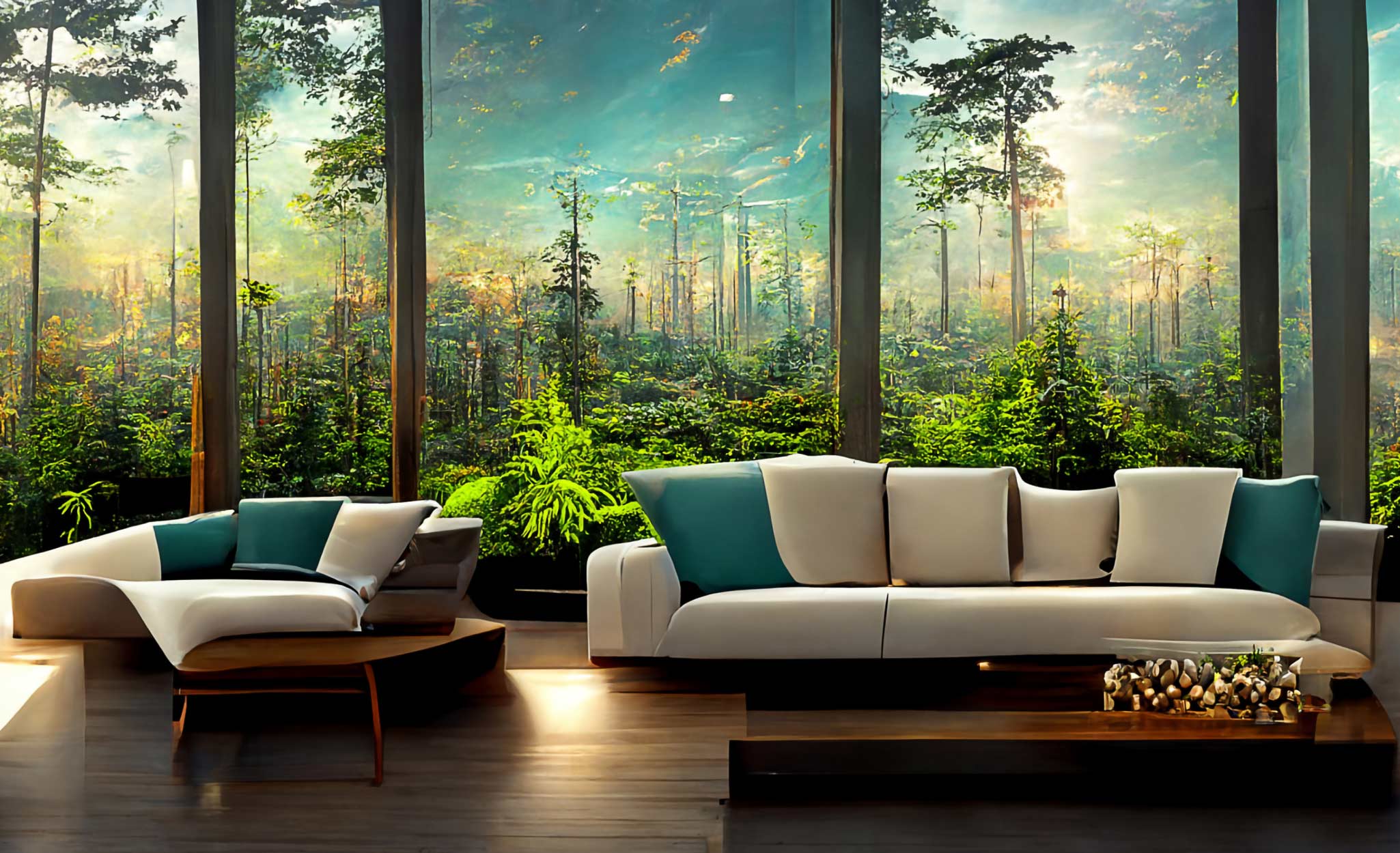Wall art depicts nature scenes in a living room.