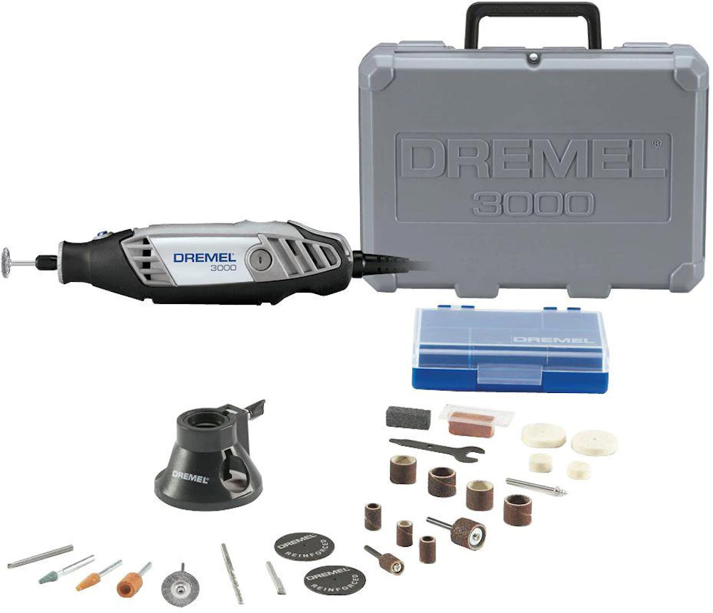 Silver and Black Dremel 3000 power tool and case with small tool bits at the bottom Silver and Black Dremel 3000 power tool and case with small tool bits at the bottom