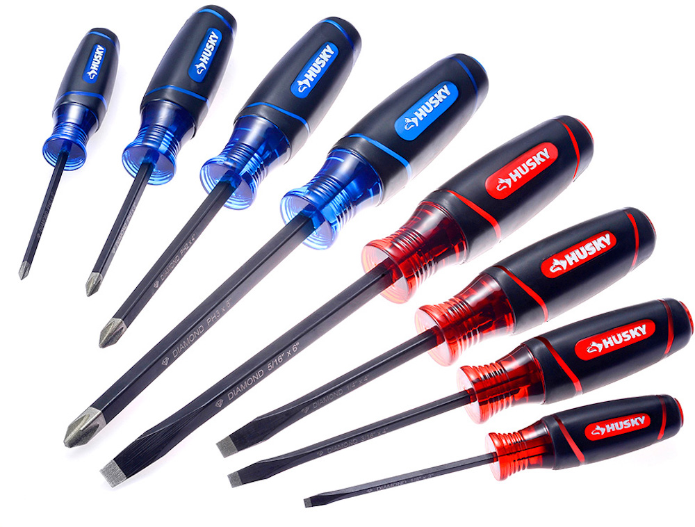 Eight red and blue Husky branded screwdrivers Eight red and blue Husky branded screwdrivers