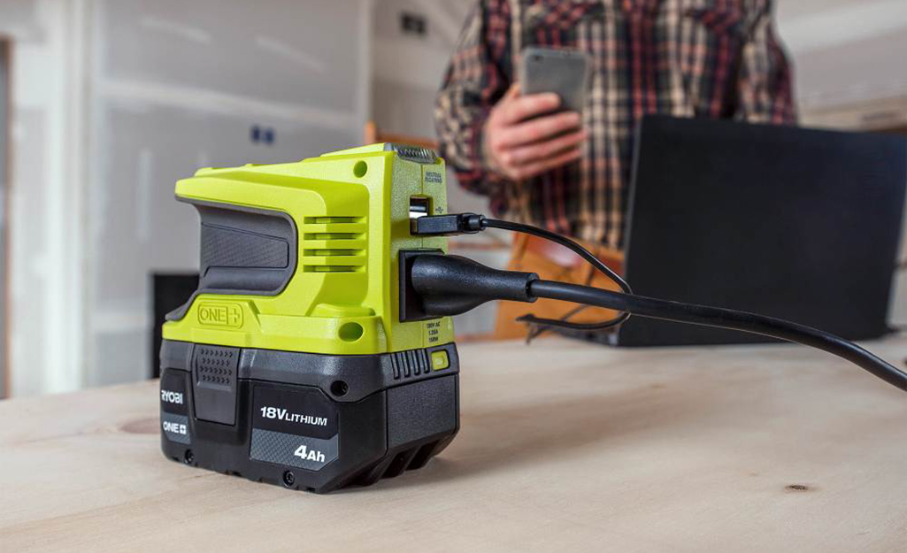 A lithium battery pack undergoes recharging.