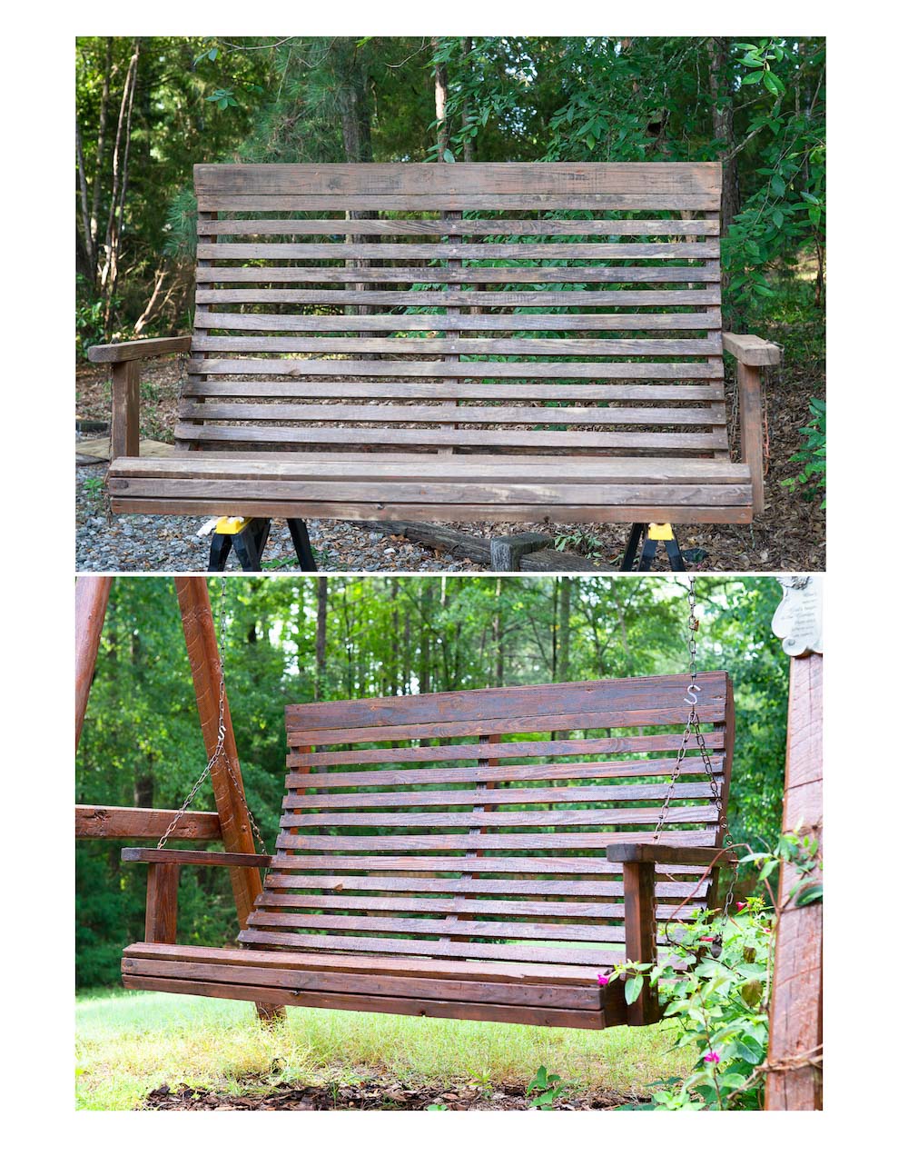 The before and after of a weatherproofed exterior swing.
