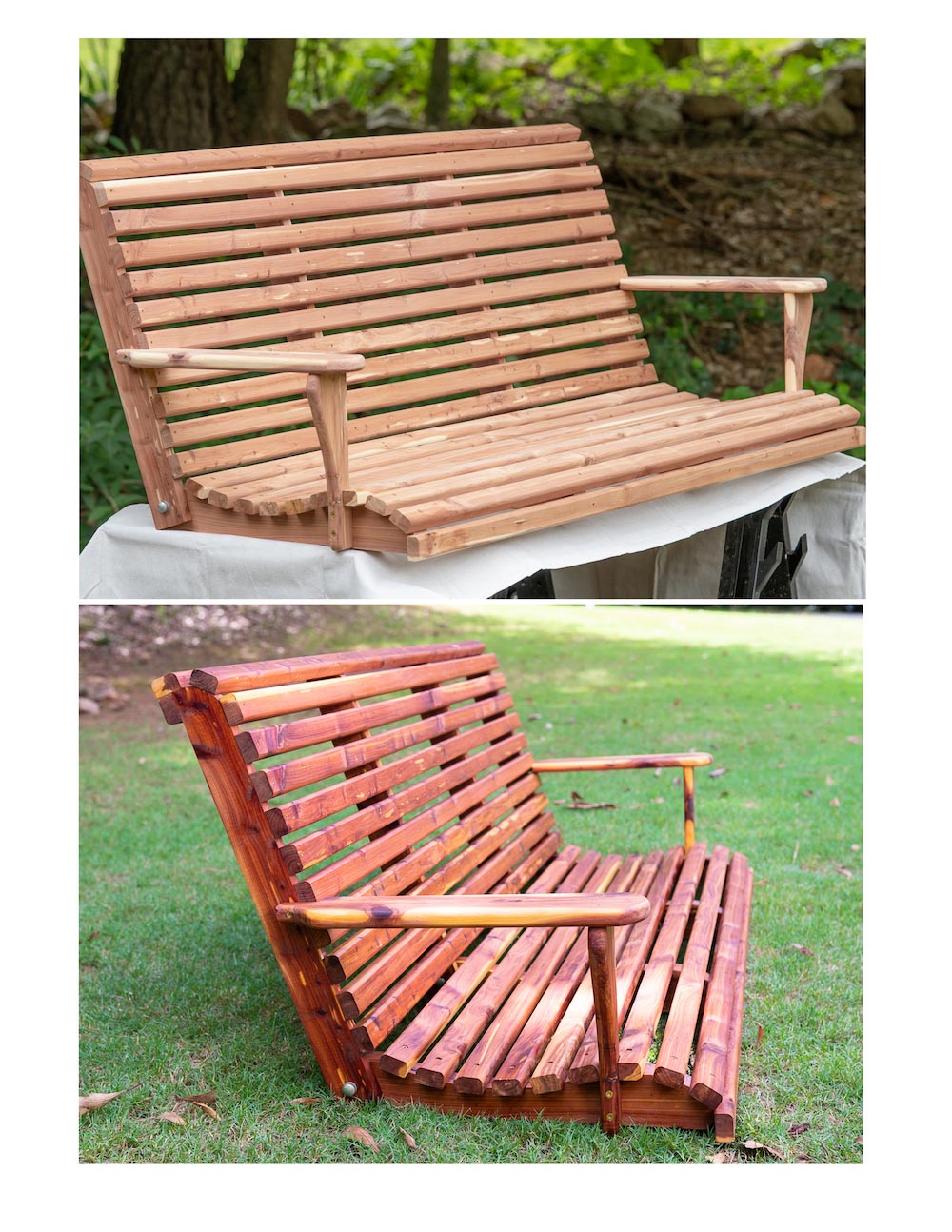 The before and after of a weatherproofed cedar exterior swing.