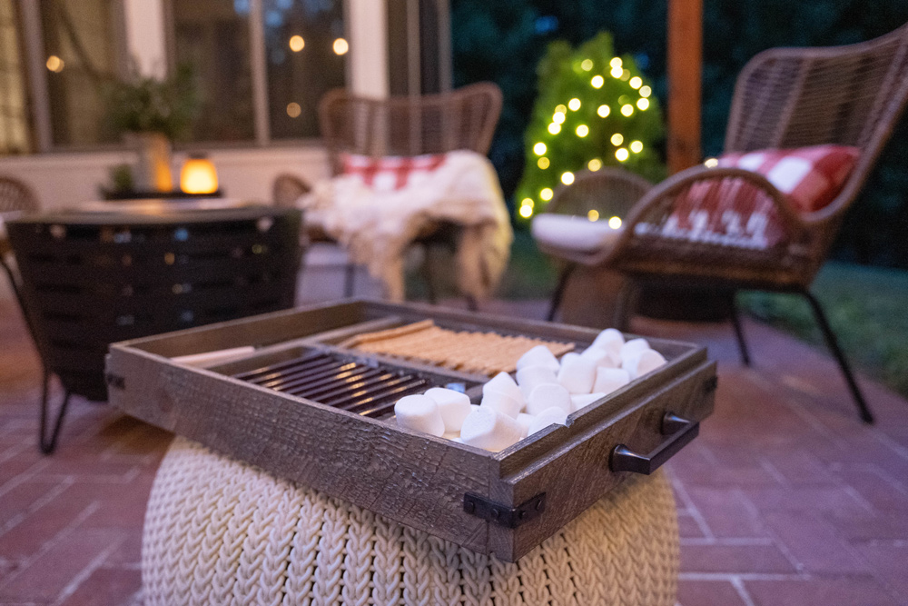 Tray of smores ingredients on top of an ottoman. Tray of smores ingredients on top of an ottoman.