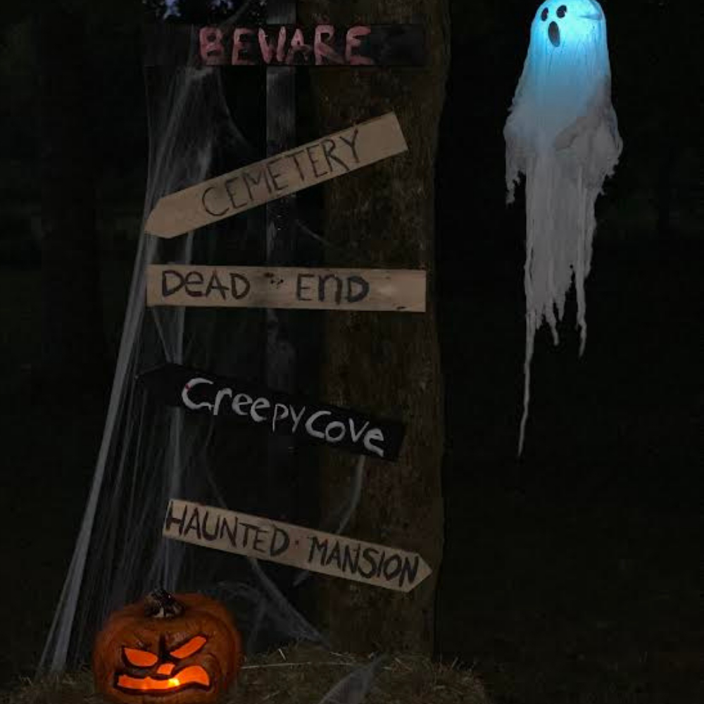 Night time photo of Halloween decorations