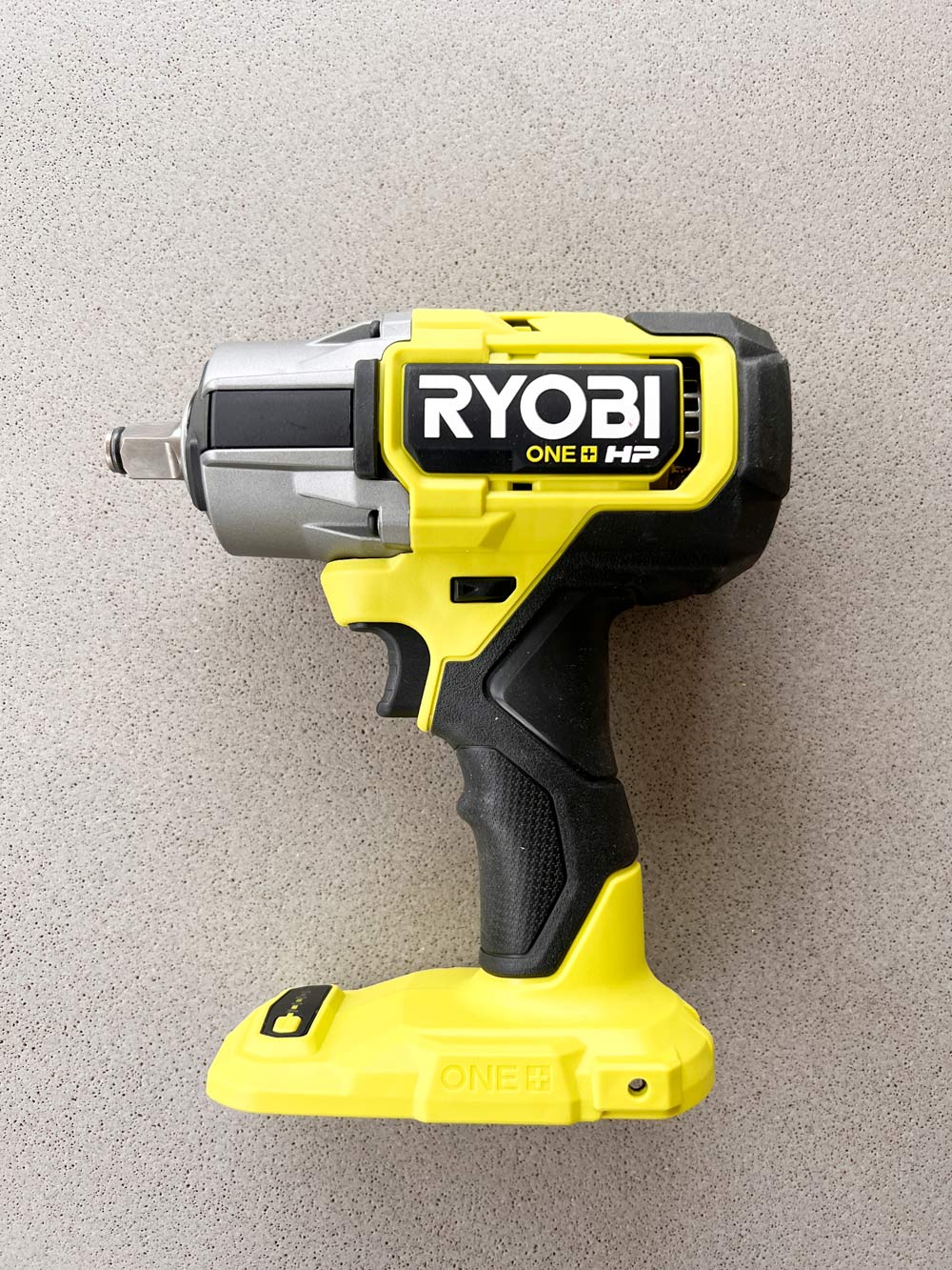 Close up shot of the Ryobi cordless impact wrench.