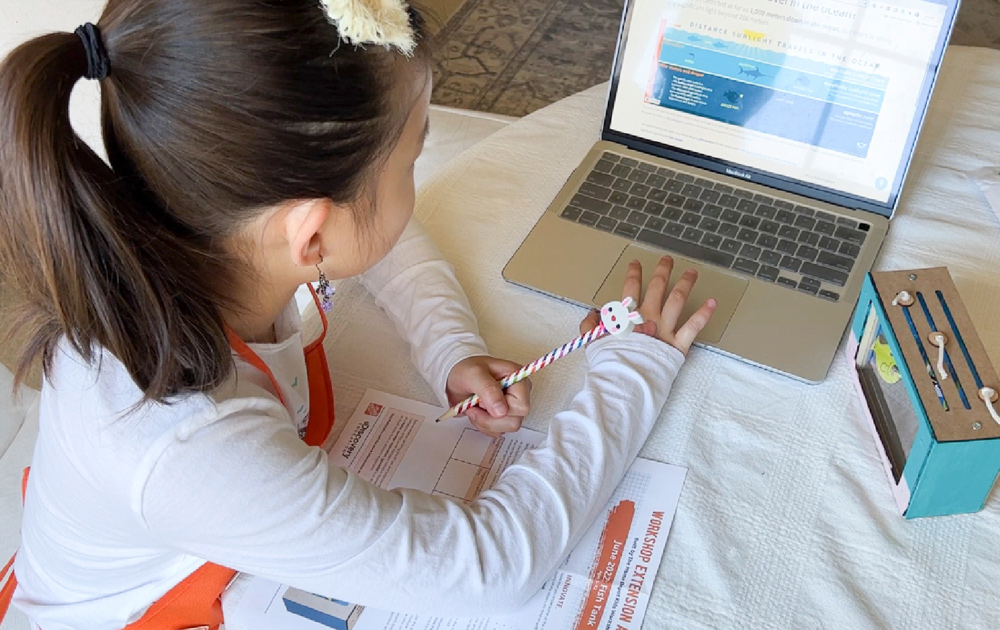 A child using a laptop to research info about the ocean.