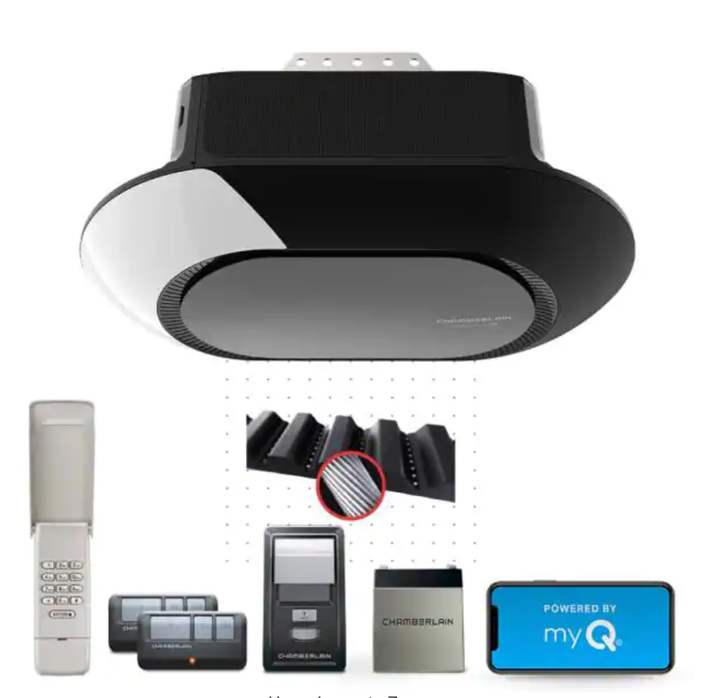 A product picture of items included in a garage door opener with battery.