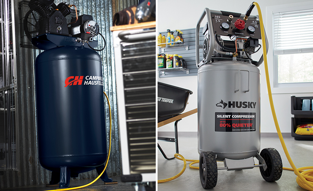 A portable air compressor with wheels on the right and a stationary air compressor on the left.