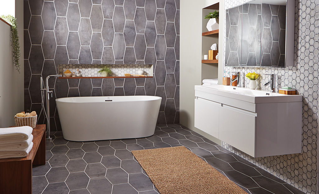 floating bathroom vanity with open shelves