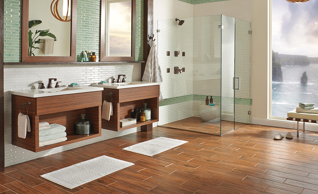 A large bath featuring faux wood flooring.