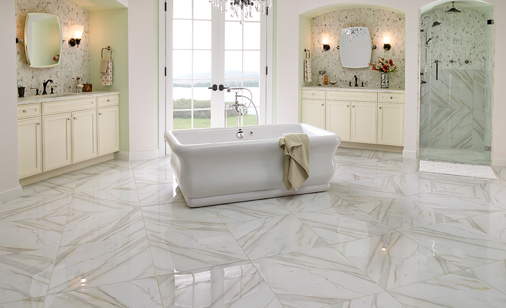 Marble-look tiles for a master bathroom floor. 