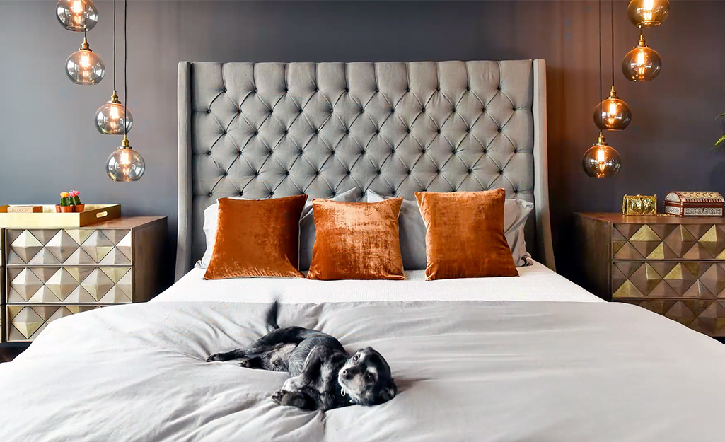 A puppy lying on a thick white comforter in a glam bedroom with unique lighting.