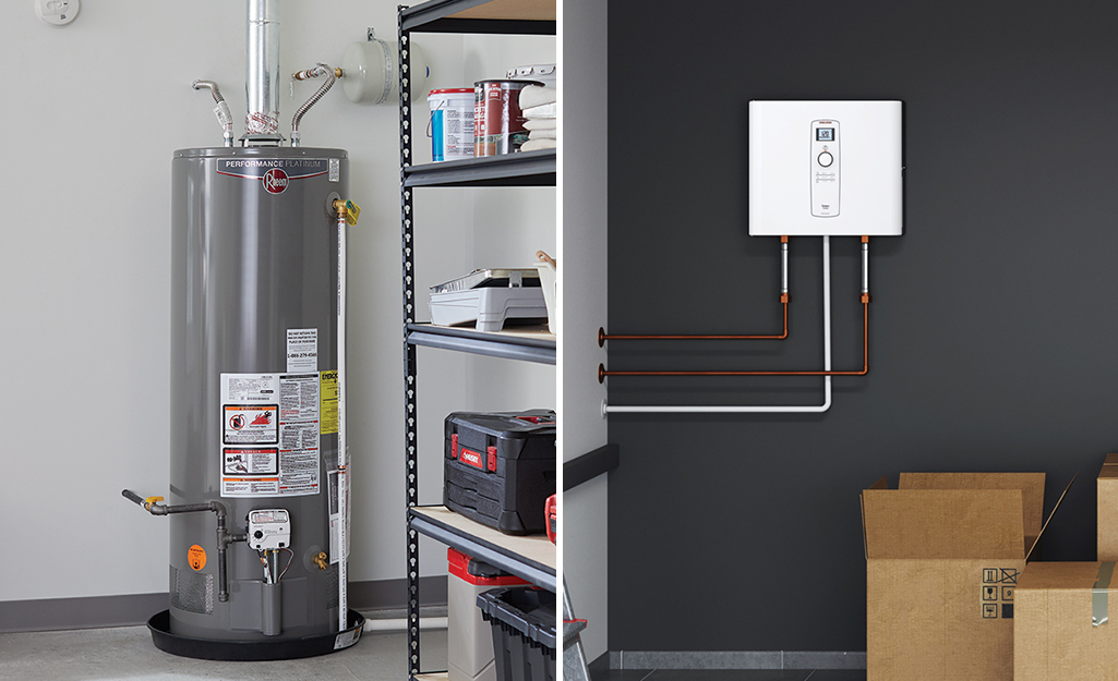 The image on the left shows a traditional water heater with a tank and the image on the right shows a tankless water heater.