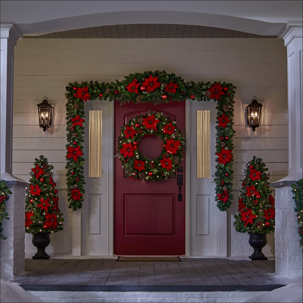 A door with a festive wreath.