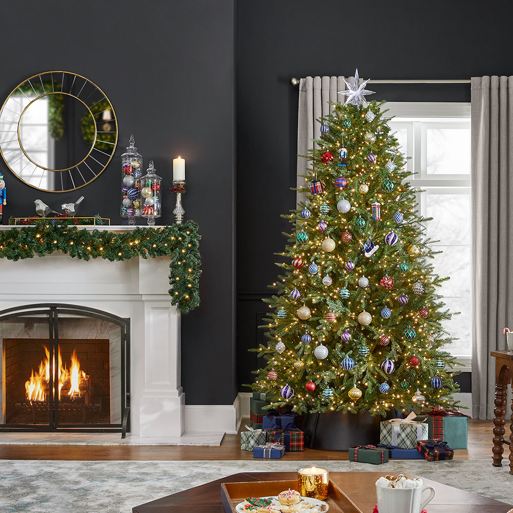 An artificial Christmas tree in a holiday living room
