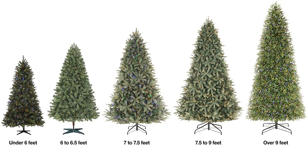 Artificial Christmas trees ranging from 6 feet to over 9 feet in height.