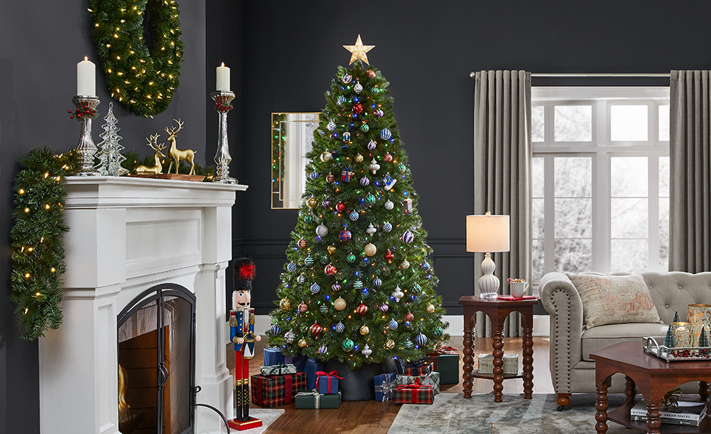 A decorated artificial long needle pine in a holiday living room.