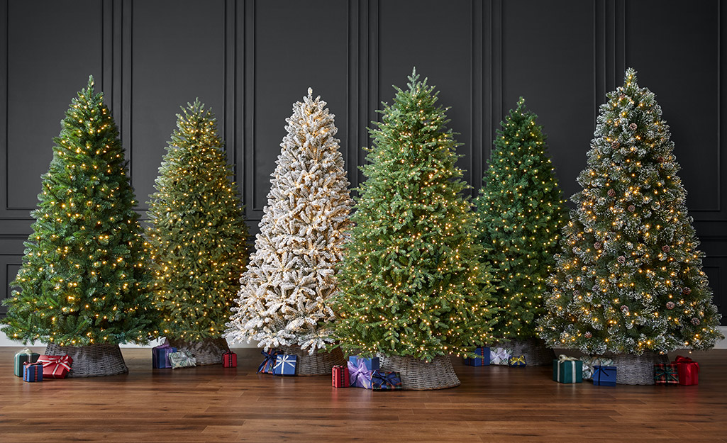 A variety of artificial trees displayed in a room.