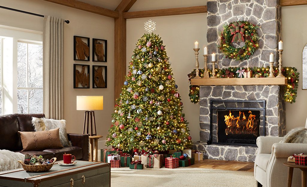 A decorated artificial balsam fir in a holiday living room.