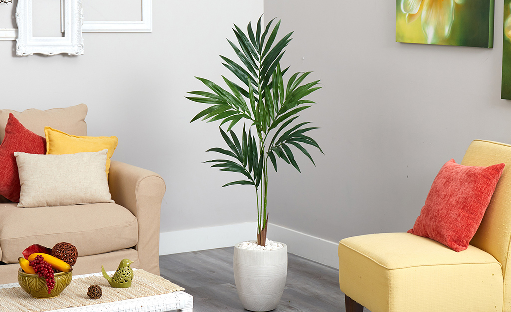 An artificial potted palm in a corner.