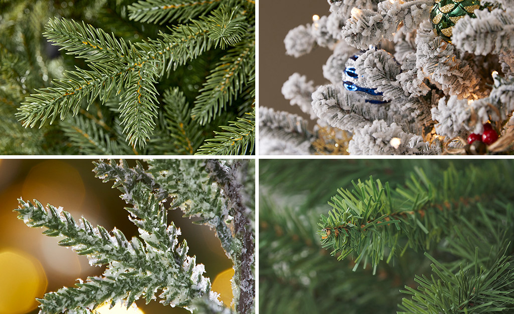 Four different artificial Christmas trees branches showing construction. 