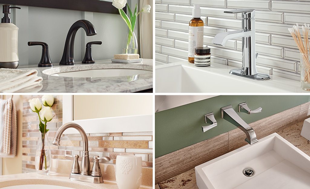 Four types of bathroom faucets mounted in different baths.