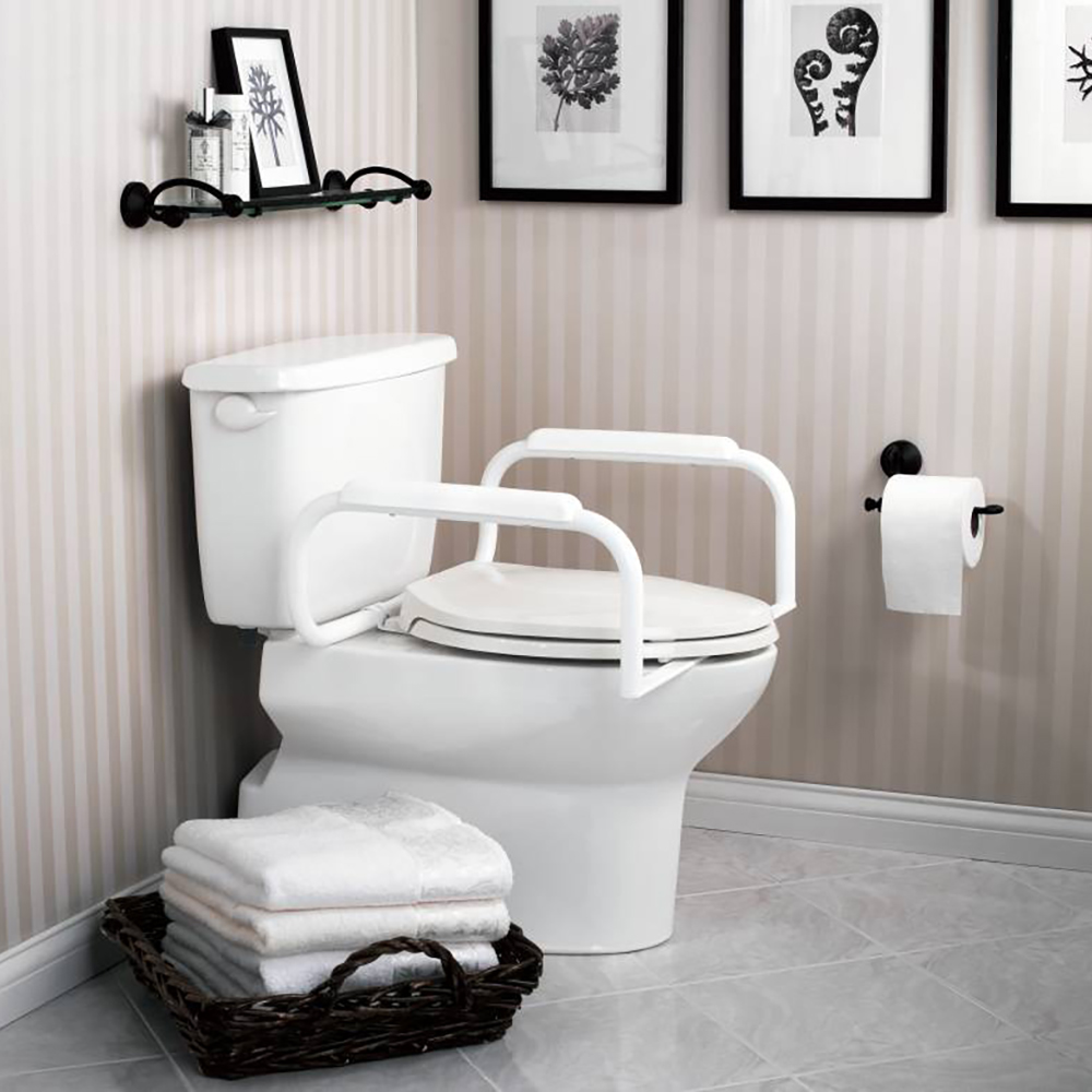 A bath seat sits in a shower with a grab bar.